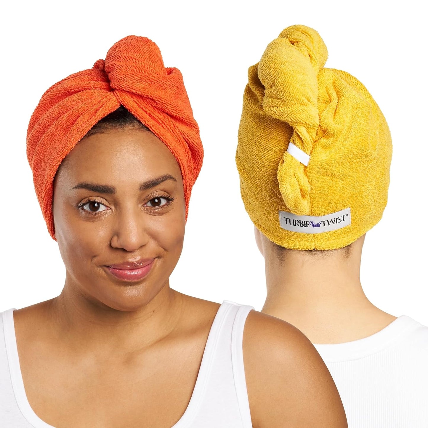Turbie Twist 2-Pack Microfiber Hair Towel for Beauty, Travel, Gifting - Wrap Turban for Straight, Wavy & Curly Hair - Premium Personal Care- Golden Rod & Orangeade