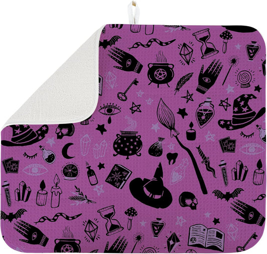 Dish Drying Mat for Kitchen Counter Large 18" x 24" Purple Halloween Witch Absorbent Microfiber Dishes Drainer Rack Mats Pad Reusable Washable