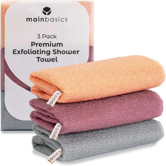 MainBasics Exfoliating Shower Towel - Japanese Nylon Bath Towel and Body Washcloth, Quick-Dry, Durable, Deep Exfoliation (Set of 3, Coral Reef)