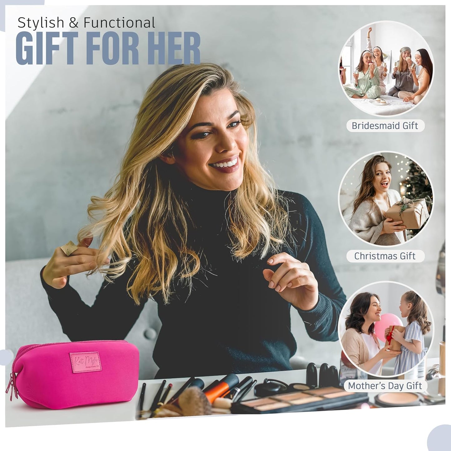 Kat Myhr Neoprene Washable Travel Makeup & Cosmetic Bag Set, 2 Air Mesh Pouches,100% Neoprene Toiletry Bag, Large Water Resistant Travel Bag for Toiletries, Makeup Cosmetic Travel Bag (Fuchsia Pink)