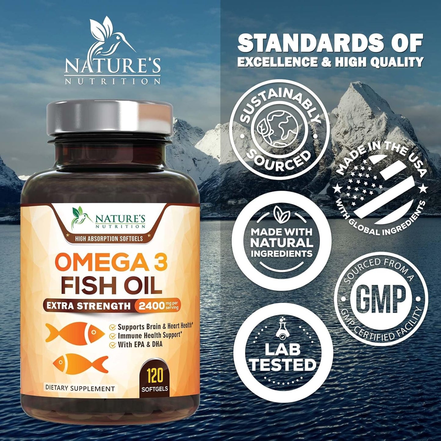 Omega 3 Fish Oil 2400 mg – Triple Strength EPA & DHA Fatty Acids for Heart, Brain & Joint Support – Wild-Caught, Burpless, Lemon Flavor Supplement – Natural, Non-GMO, Gluten-Free – 120 Softgels