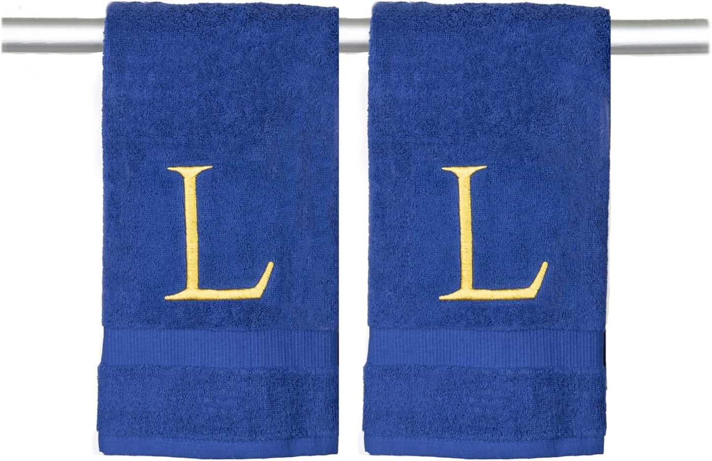 Navy and Gold Bathroom Hand Towel - Monogrammed Luxury Hotel Quality Decorative Embroidered Towel for Powder Room, Spa - GOTS Organic Certified - Pack of 2, Letter L