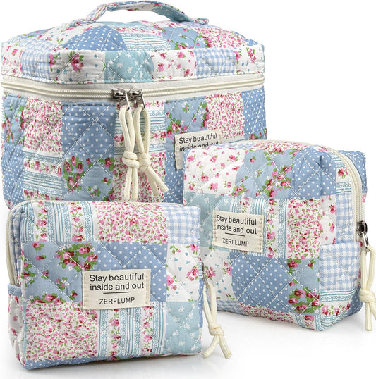 Cute Quilted Floral Makeup Bag(3Pcs)，Coquette Aesthetic Cosmetic Bag，Travel Toiletry Bags， Kawaii Aesthetic pouch for Women (64-GridRose)