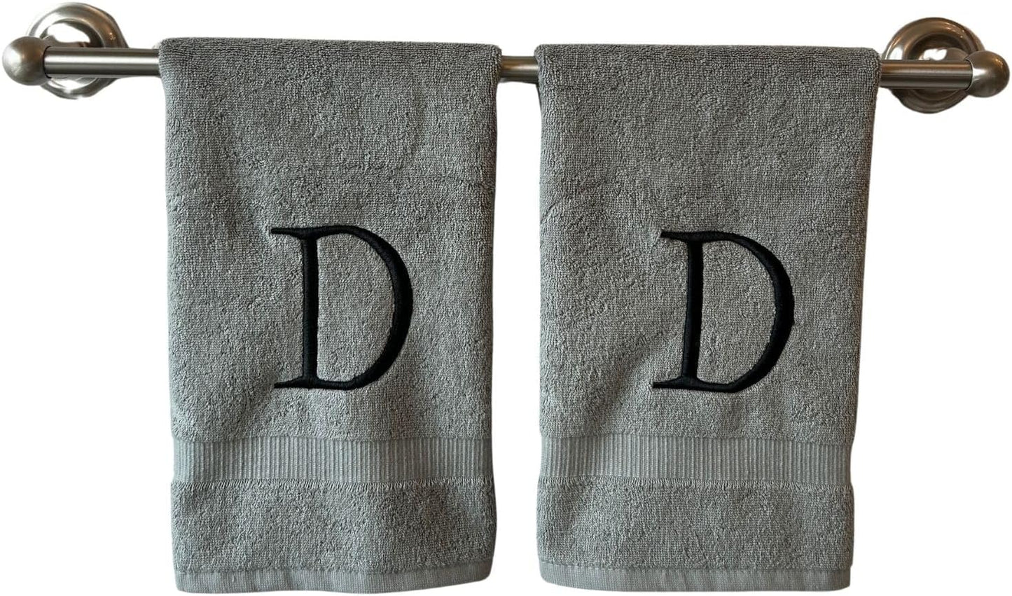 Gray Initial Hand Towel for Bathroom - Monogrammed Luxury Hotel Quality Decorative Embroidered Towel for Powder Room, Spa - GOTS Organic Certified - Set of 2 Black Letter D