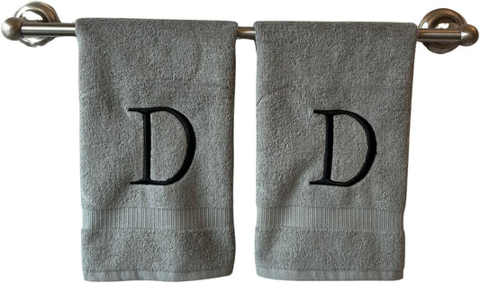 Gray Initial Hand Towel for Bathroom - Monogrammed Luxury Hotel Quality Decorative Embroidered Towel for Powder Room, Spa - GOTS Organic Certified - Set of 2 Black Letter D
