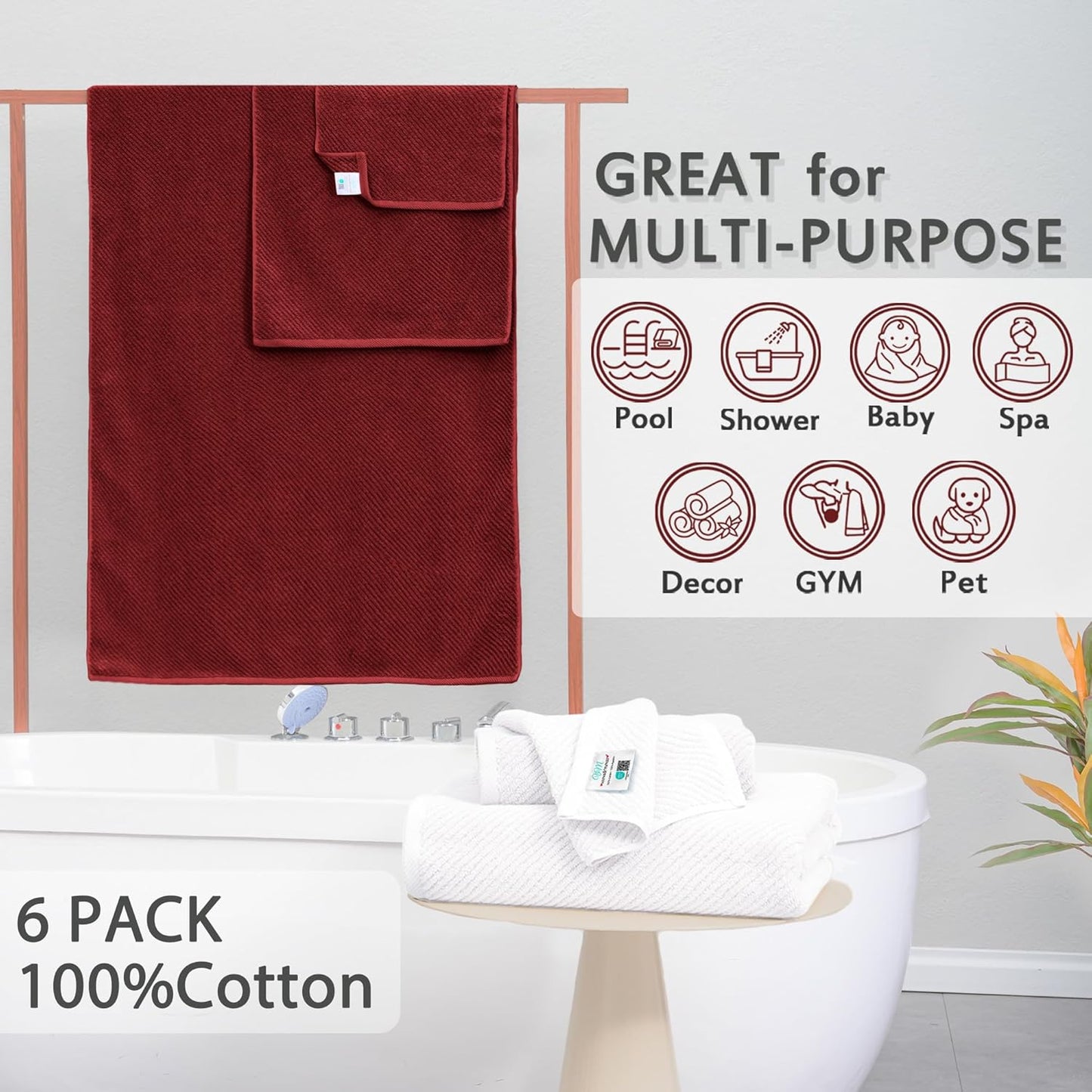 VOOVA & MOVAS Towels Bathroom Set - 100% Cotton | Quick Dry | Soft | Thick, Towel Set of 6, 2 Large Bath 30"x56", 2 Hand 18"x28", 2 Wash Cloths 13"x13", Bathroom Essentials, Burgundy Red and White