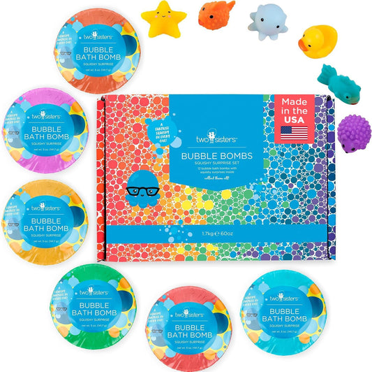 Squishy Bath Bombs for Girls & Boys with Surprise Toys Inside (6 Pack) - Large Bubble Bath Bombs & Hidden Figures, Gentle and Safe Fizzies, Made in USA, Gifts for Kids by Two Sisters