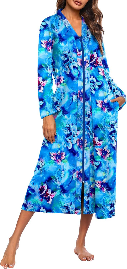 Ekouaer Women Zipper Robe Long Sleeve Loungewear Lightweight Housecoat Full Length Nightgown with Pockets
