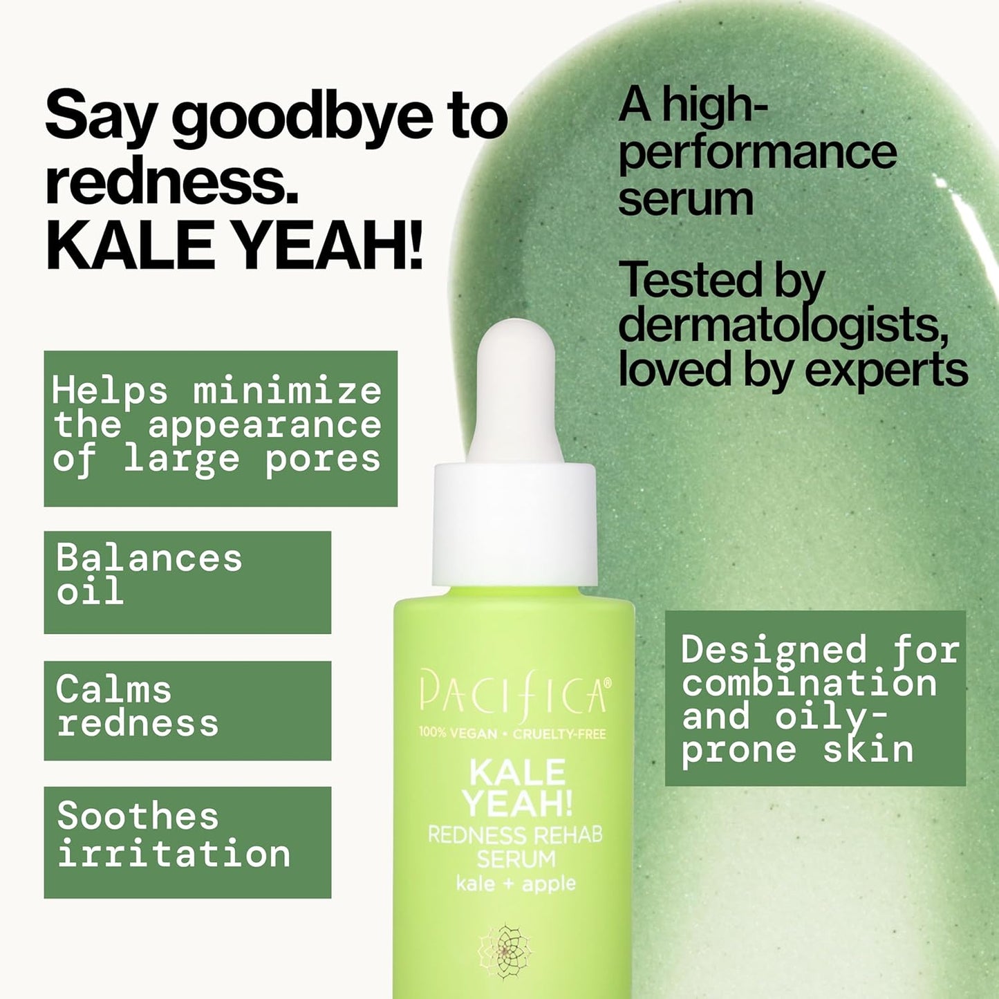 Pacifica Kale Yeah! Redness Rehab Serum – Niacinamide & Super Greens Face Serum to Calm Redness, Minimize Pores & Oil, Soothing Anti-Redness for Oily/Combination Skin Vegan Dermatologist Tested