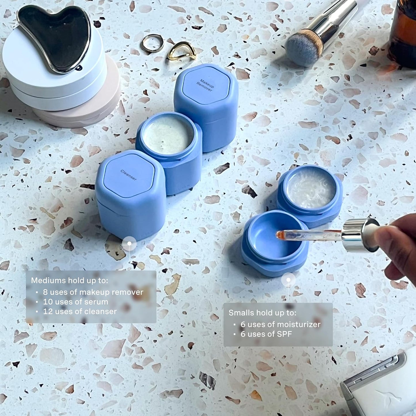 Cadence Travel Containers - Core Skincare Set - Magnetic Containers with Lids,2 Small (0.56oz) & 3 Medium (1.32oz) - Cleanser, Moisturizer, Serum, Makeup Remover & Sun Icon Labels - Pacific