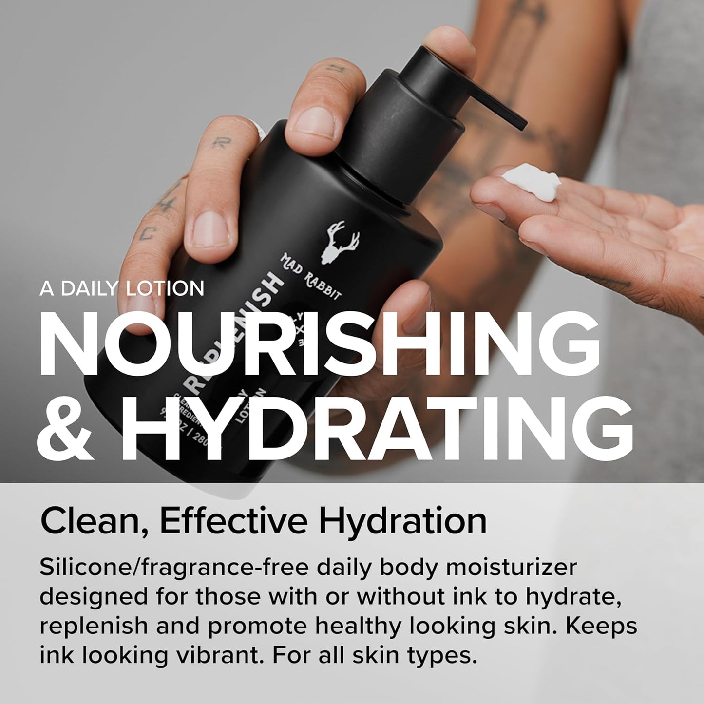 Replenish Tattoo Body Lotion - Fragrance-Free Lotion, Non-Greasy & Silicone-Free, Clean Ingredients, Lightweight for Daily Use (9.5 Ounce)