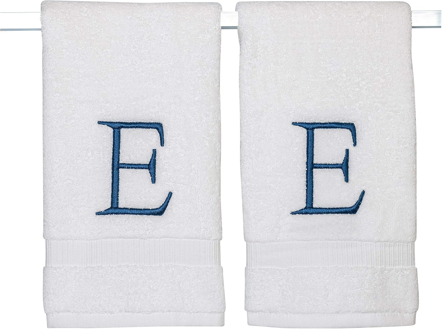 Monogrammed Hand Towels for Bathroom - Luxury Hotel Quality Personalized Initial Decorative Embroidered Bath Towel for Powder Room, Spa - GOTS Organic Certified - Set of 2 Navy Letter E