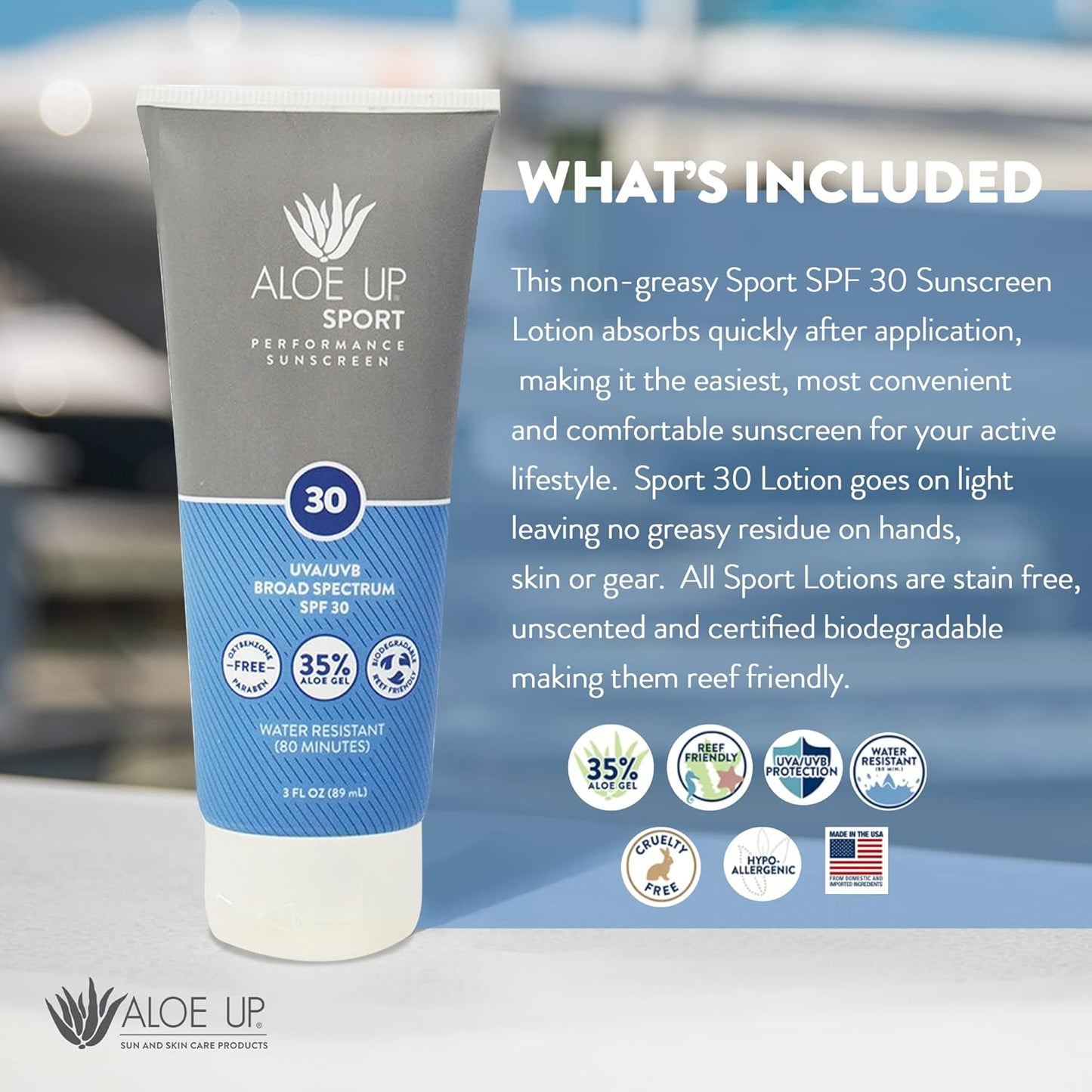 Aloe Up Sport Sunscreen Lotion SPF 30 - Broad Spectrum UVA/UVB Sunscreen Protector for Face and Body - With Hydrating Aloe Vera Gel - Non-Greasy - No White Cast - Reef Safe - Fragrance-Free - 3 Oz.