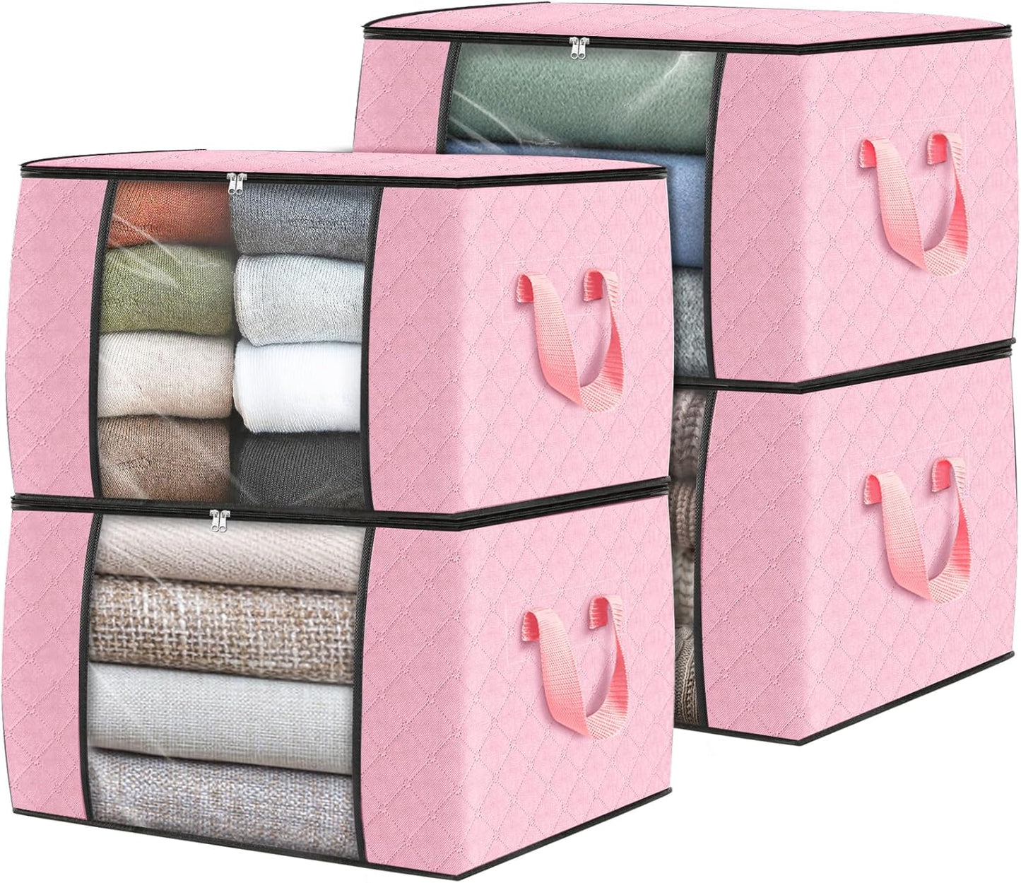 Fab totes 4 Pack Clothes Storage, Foldable Thick Fabric Blanket Storage Bags, Containers for Organizing Bedroom, Closet, Clothing, Comforter, Organization with Handle,Pink
