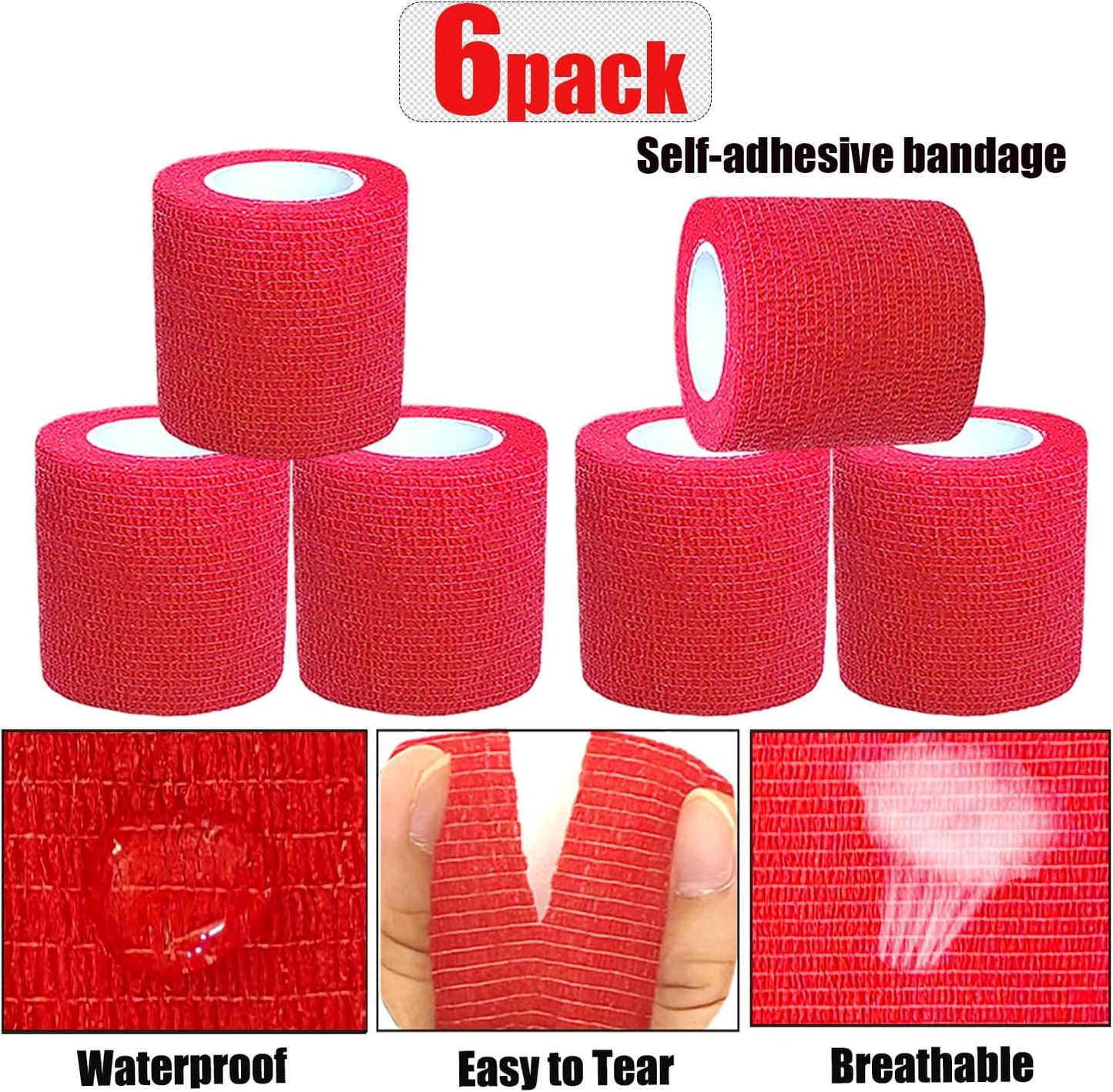 Hysiwen 6 Pack 2" x 5 Yards Self Adhesive Bandage Breathable Cohesive Wrap Self Adherent Vet Tape Self Stick Bandage Wrap for Sports, Athletic, Wrist, Ankle(Red)