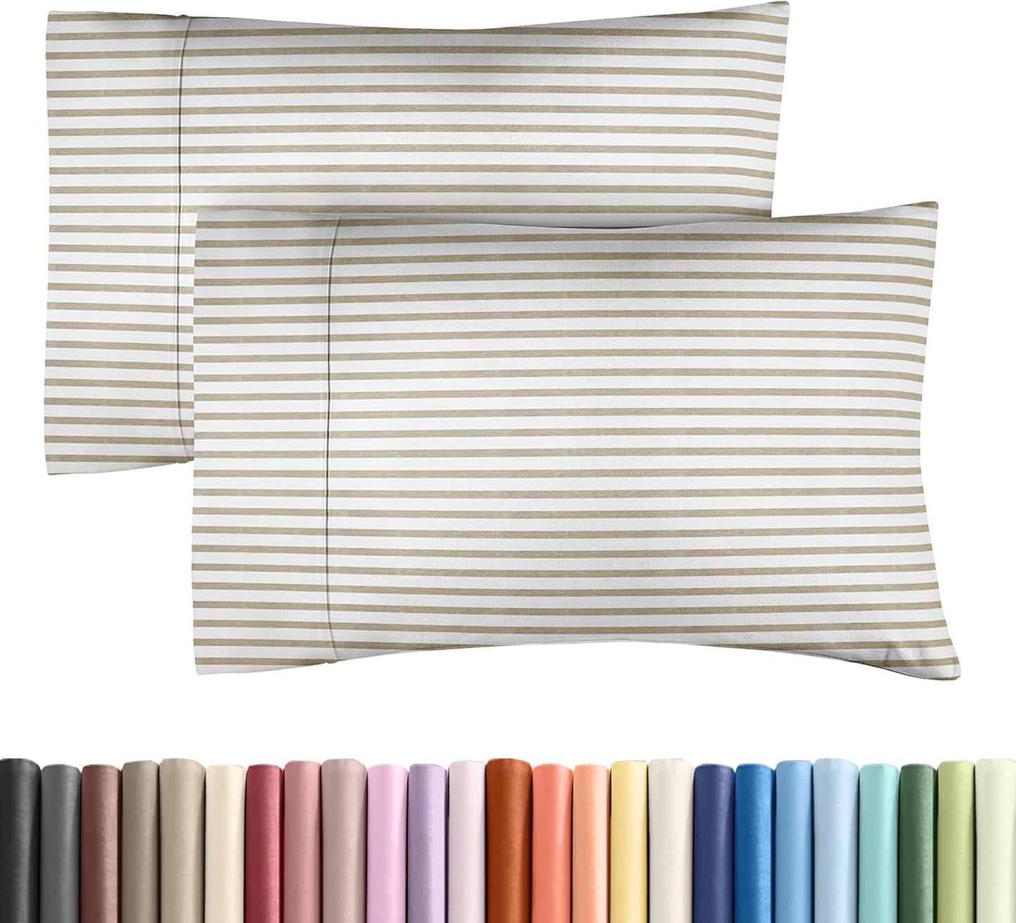 Queen Pillow Cases Set of 2 - Ultra Soft Hotel Quality Pillowcase Covers - Comfy, Cozy & Wrinkle Free - Shrinkage & Fade Resistant - Machine Washable Pillow Protectors - 2 Piece Set - Beige Stripes 2
