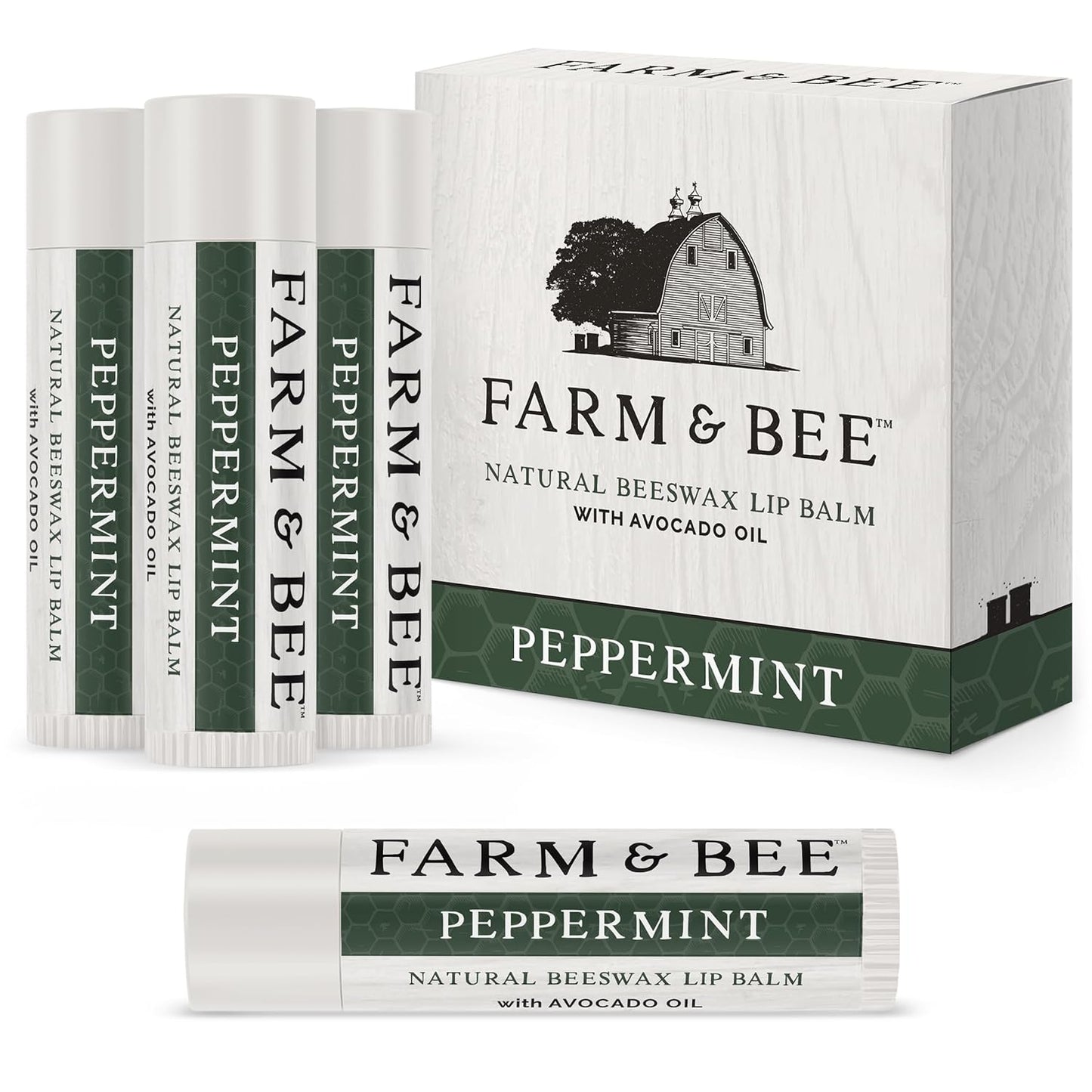 Natural Lip Balm - Organic & Natural Ingredients - Beeswax Based Moisturizing Lip Care Chapstick for Chapped Lips - Great Gift Idea - Farm & Bee - 0.15oz (Pack of 4 - Peppermint)