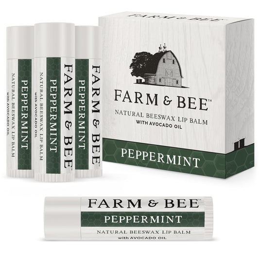 Natural Lip Balm - Organic & Natural Ingredients - Beeswax Based Moisturizing Lip Care Chapstick for Chapped Lips - Great Gift Idea - Farm & Bee - 0.15oz (Pack of 4 - Peppermint)