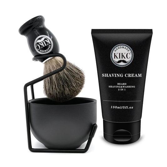 5 in 1 Shaving Kit for Wet Shave, Set Includes Hand Crafted Pure Badger Shave Brush, Stainless Steel Lathering Soap Bowl, Shave Brush Stand, Shaving Cream, Best Gift for Bearded Man, Deluxe Black