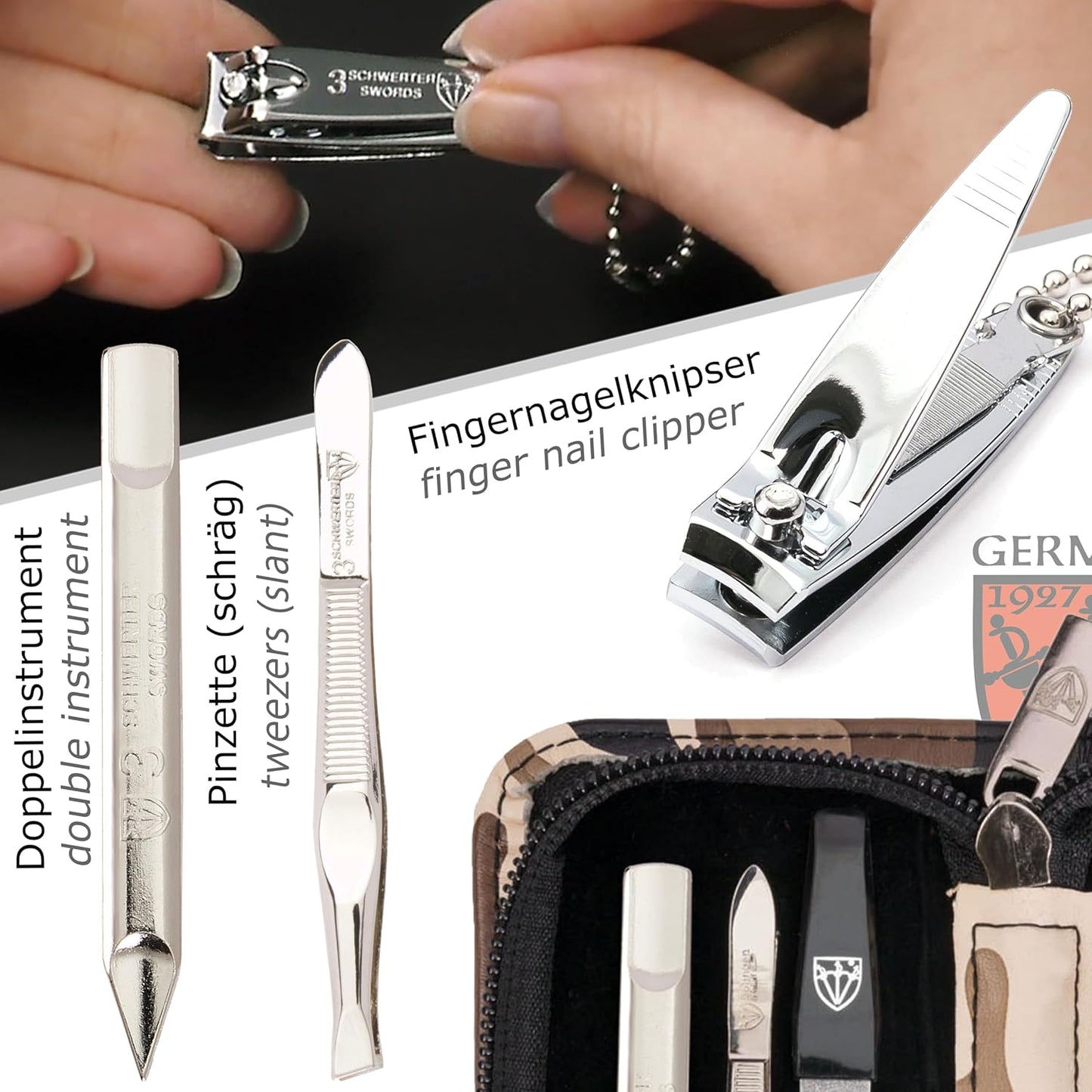 3 Swords Germany - brand quality 5 piece manicure pedicure grooming kit set with synthetic leather case camouflage - Made in Germany