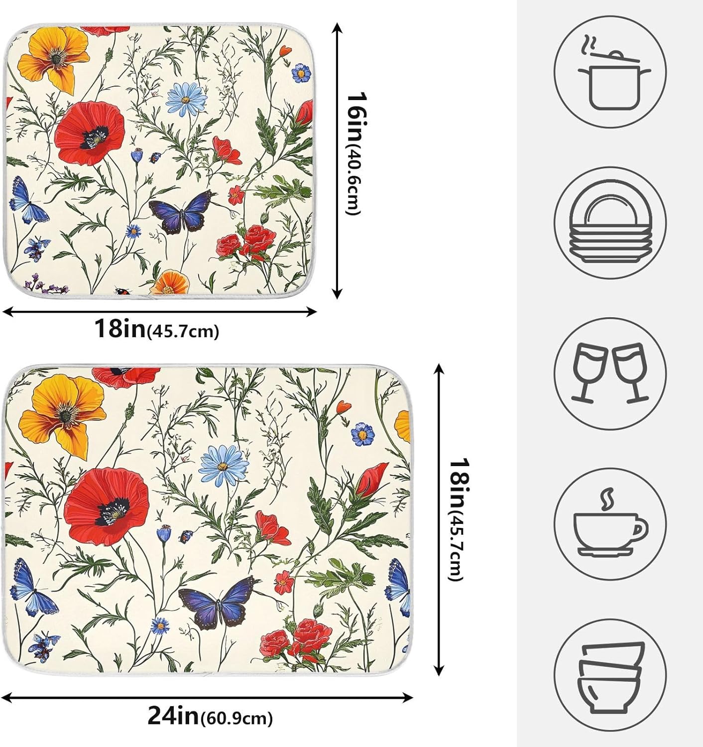 Butterfly Red Tulip Wildflower Dish Drying Mats for Kitchen Counter, 18x24 inch Drying Dishes Absorbent Microfiber Dish Drainer Mat Rack Pad Fast Dry