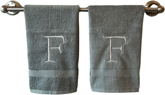 Gray Initial Hand Towel for Bathroom - Monogrammed Luxury Hotel Quality Decorative Embroidered Towel for Powder Room, Spa - GOTS Organic Certified - Set of 2 Silver Letter F