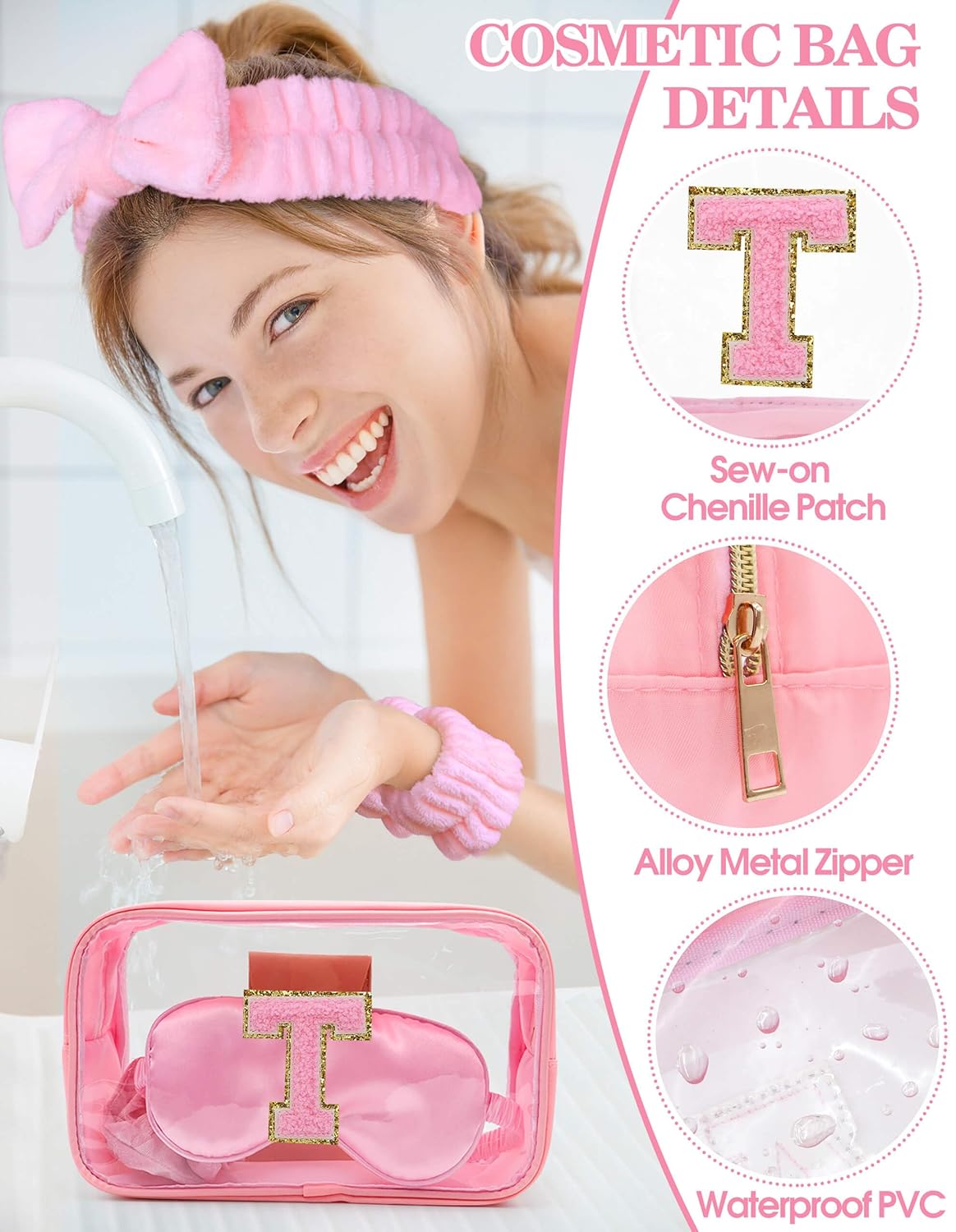 Gift Sets for Women, Initial Makeup Bag with Makeup Brush Set Bachelorette Party Favors, Pink Spa Kit with Skincare Headbands Wrist Bands Sleepover Party Supplies Gifts for Teen Girls Bridesmaid T