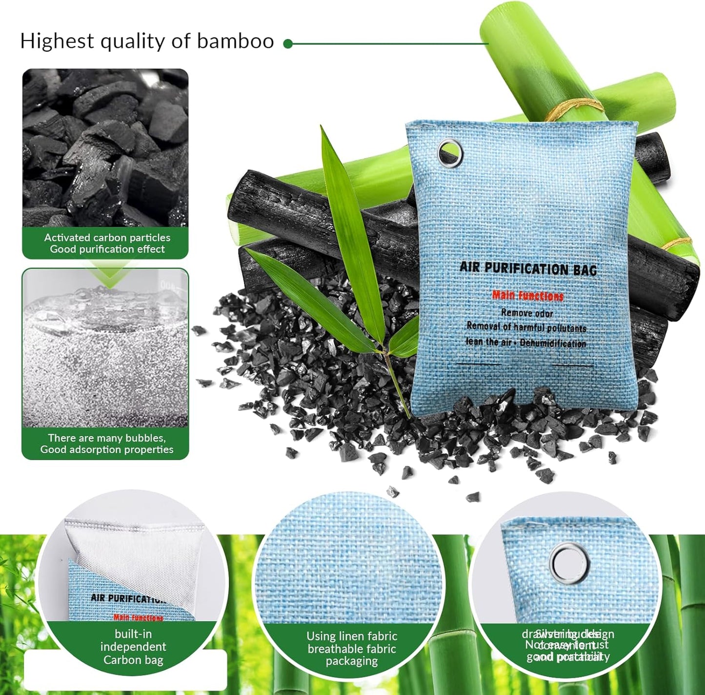 4 Pack charcoal odor absorber,Bamboo Charcoals Air Purifying Bag Charcoals Deodorizer Eliminator for Strong Odors in Car, Closet, Shoe, Basement (100G* 4 Pack Blue, Unscented)