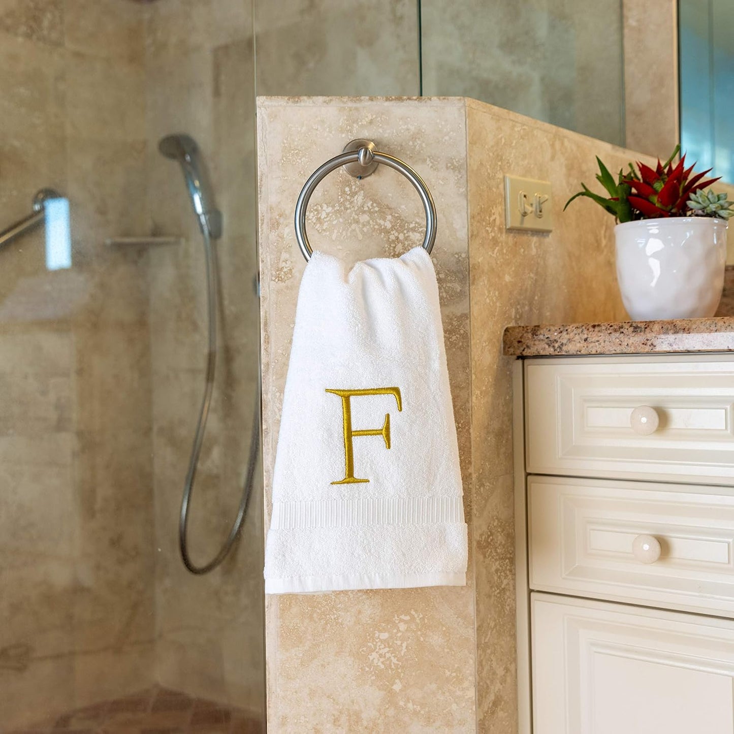 Monogrammed Hand Towels for Bathroom - Luxury Hotel Quality Personalized Initial Decorative Embroidered Bath Towel for Powder Room, Spa - GOTS Organic Certified - Set of 2 Gold Letter F