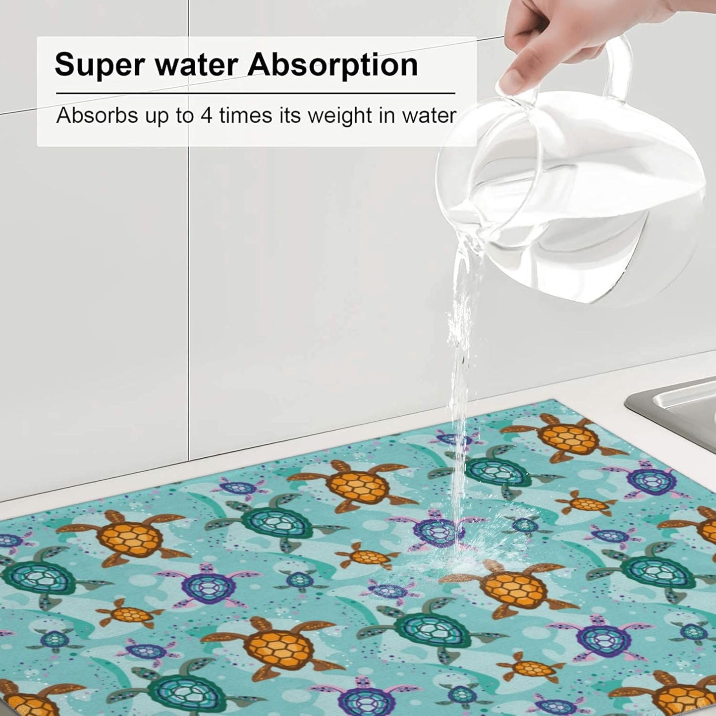 Cute Sea Turtle Beach Dish Drying Mat for Kitchen Counter Absorbent Reversible Ocean Themed Decorative Drying Pad Dark Kitchen Decor Dish Drainer Rack Mats 18"x24"