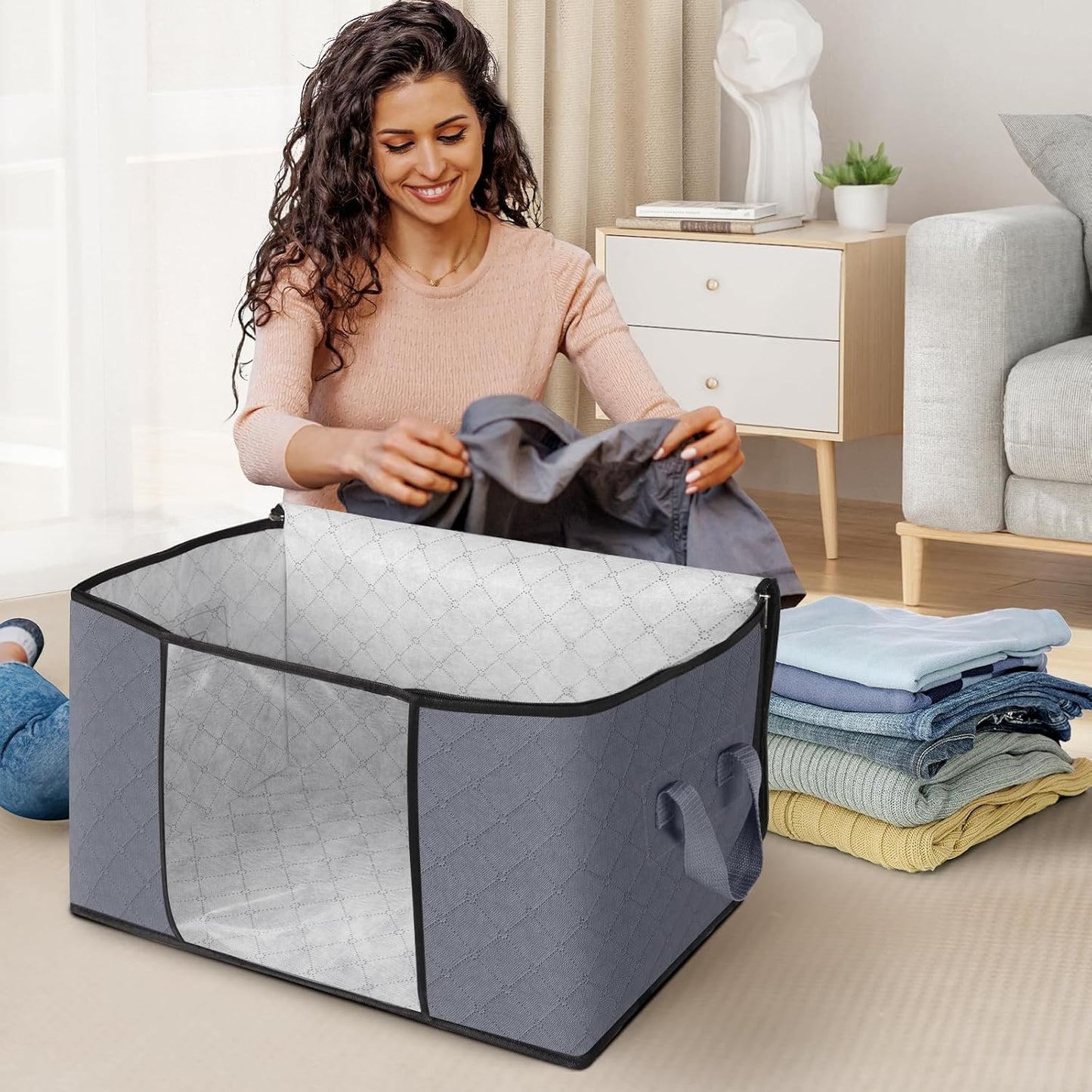 Fab totes 10 Pack Clothes Storage, Foldable Thick Fabric Blanket Storage Bags, Containers for Organizing Bedroom, Closet, Clothing, Comforter,Closet Organization with Handle,Grey