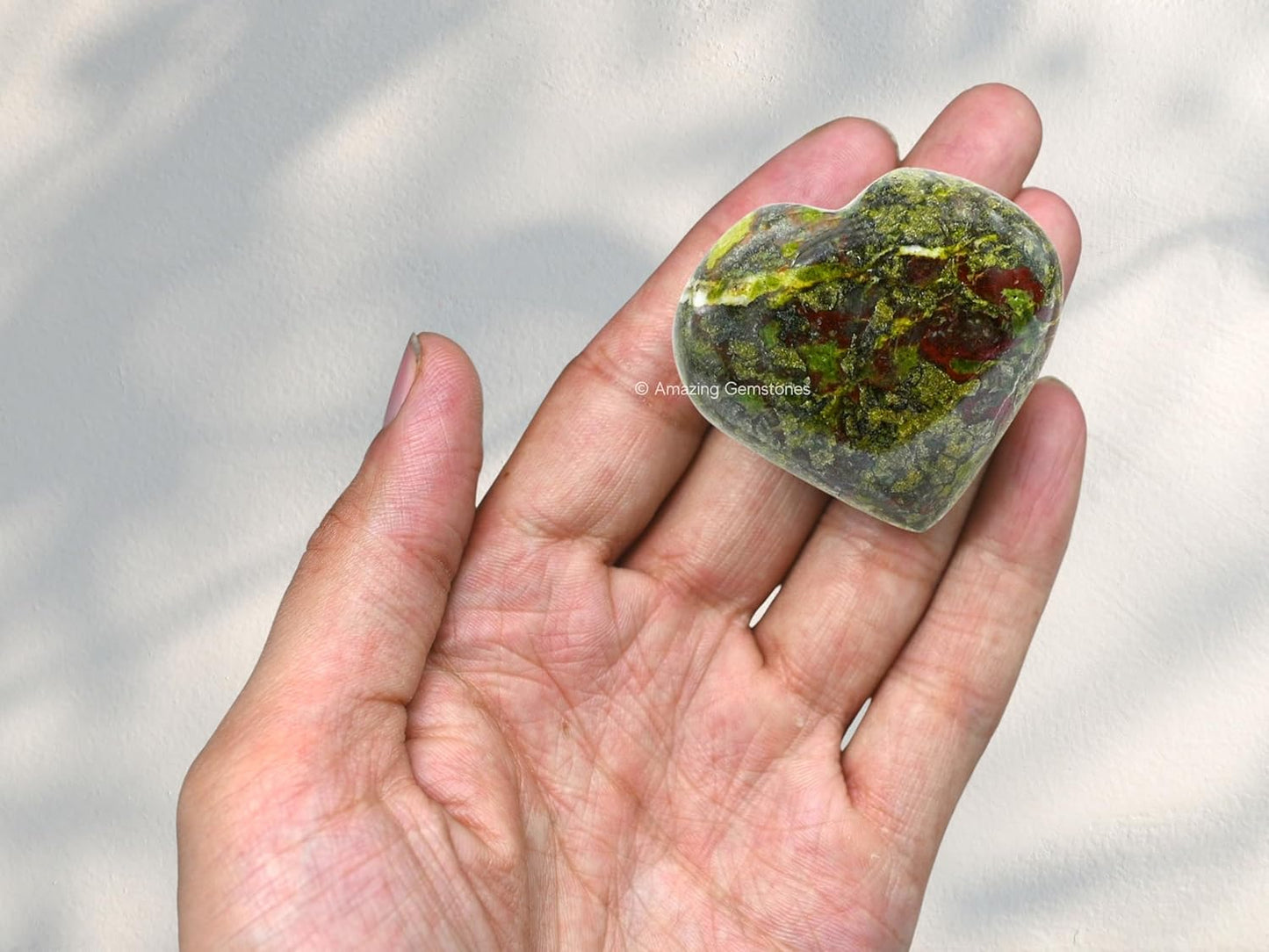 Amazing Gemstone Dragon Bloodstone Crystal Heart Palm Stone - Pocket Massage Worry Stone for Natural Body Chakra Balancing, Reiki Healing and Crystal Grid