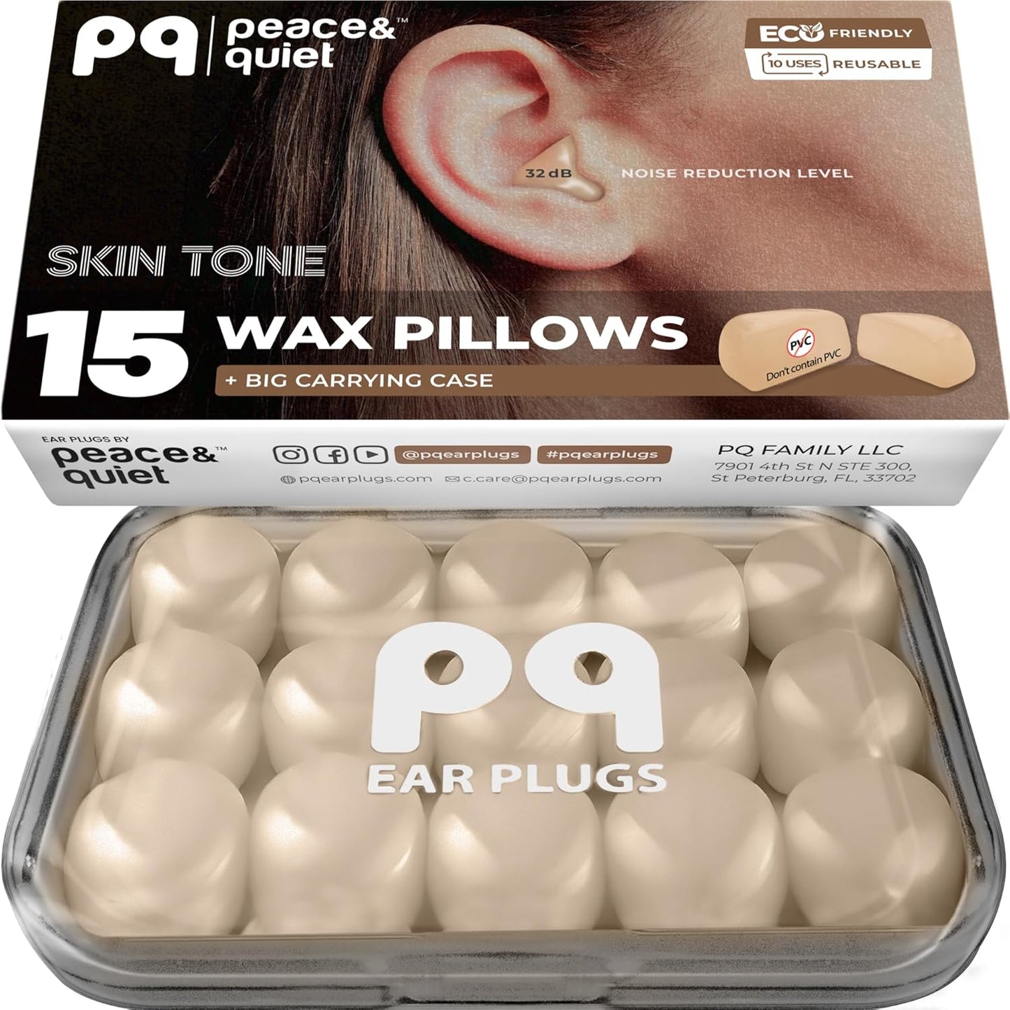 Peace&Quiet PQ Silicone Ear Plugs for Sleeping - 15 Wax Earplugs for Sleep and Swimming Ear Plugs, Soft Ear Covers for Sleeping and Water, Noise Cancelling 32Db, (15 Pillows), Skin Tone