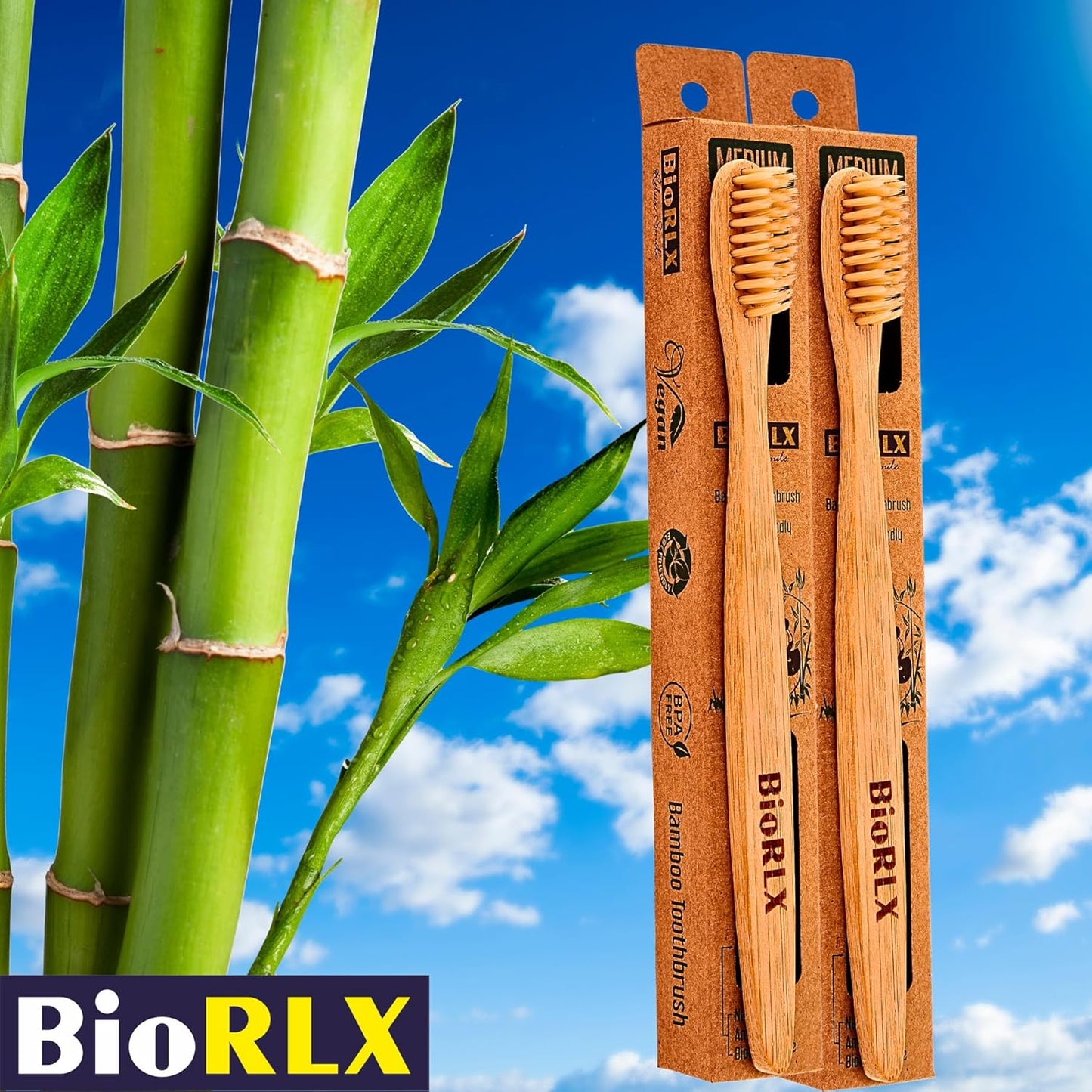 BioRLX Bamboo Toothbrush - Biodegradable Wooden Toothbrushes, Natural BPA Free - Wooden Toothbrush, Eco-Friendly - Compostable and Durable (One Piece, Medium)
