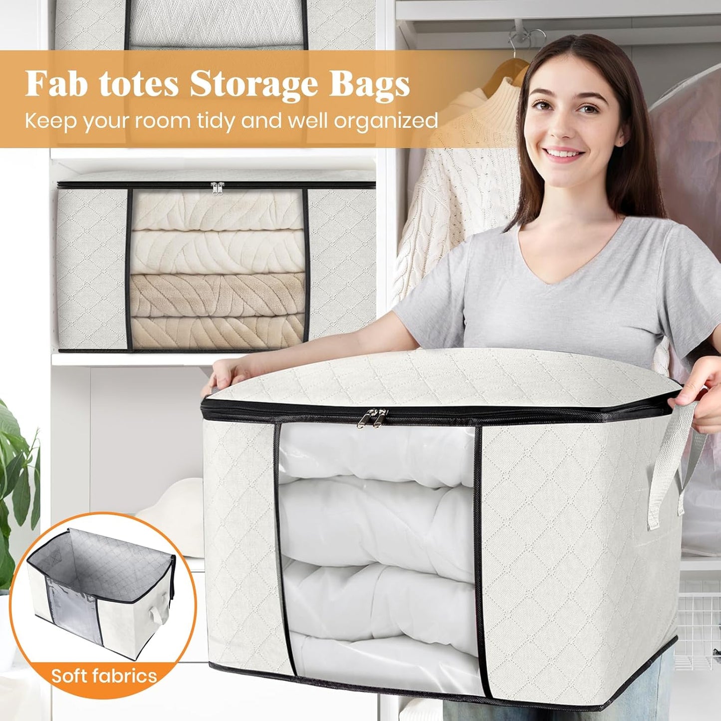 Fab totes 24 Gallons Clothes Storage, Foldable Thick Fabric Blanket Storage Bags, Containers for Organizing Bedroom, Closet, Clothing, Comforter, Organization with Handle (4 Pack,Ivory)