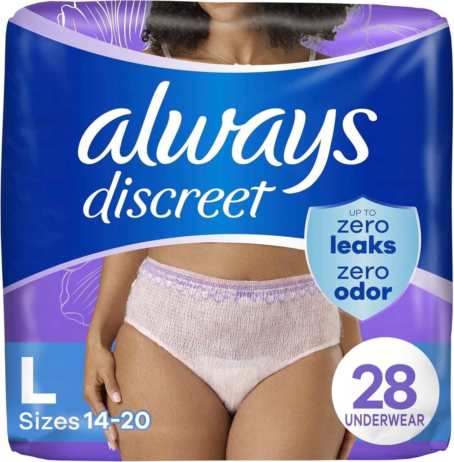 Always Discreet Adult Incontinence Underwear for Women and Postpartum Underwear, Large, Up to 100% Bladder Leak Protection, 28 Count