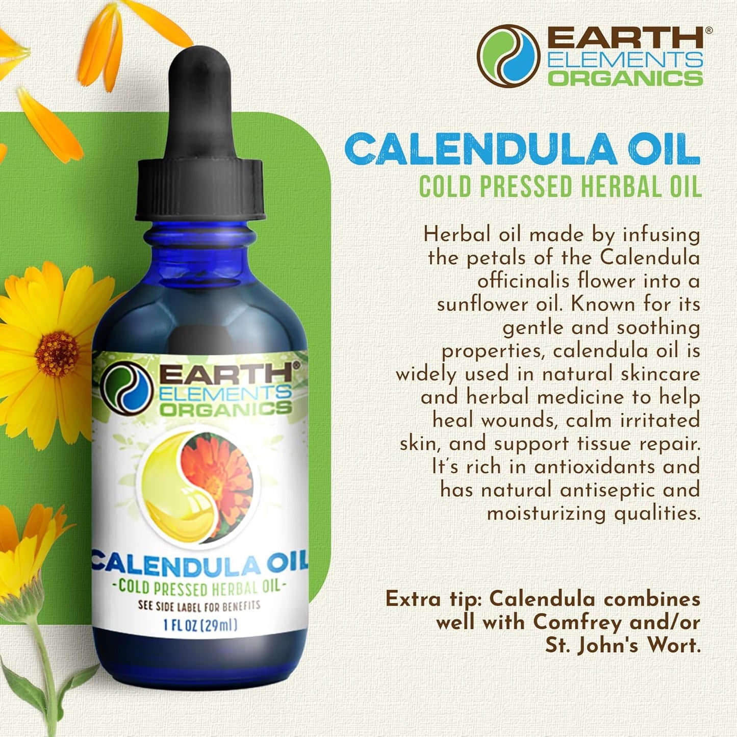 Calendula Oil with Sunflower Oil, Herbal Remedy for Cuts, Scrapes, Rashes, Chapped or Damaged Skin, Ideal for Irritated Areas, Organic Skincare for All Skin Types - 1 fl oz
