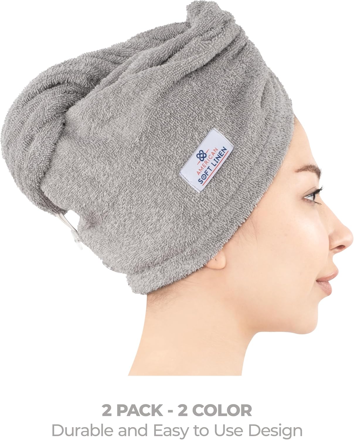 American Soft Linen 100% Cotton Hair Towels for Women, Head Towel Cap, Cotton Hair Turban Towel Wrap for Hair, Soft and Absorbent Cotton Hair Towels 2 Pack, White-Light Gray