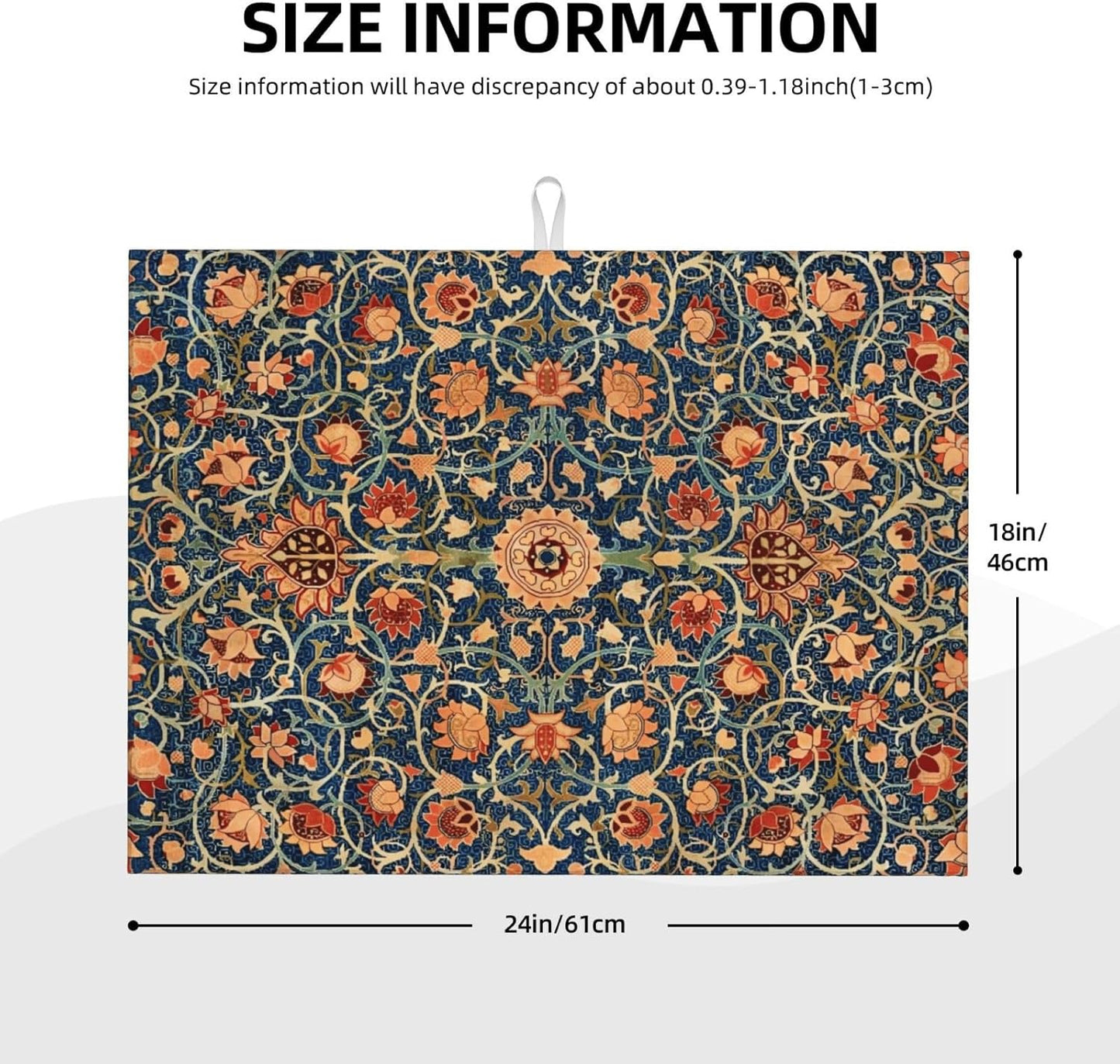 Floral Dish Drying Mat for Kitchen Counter, 18x24 Inch William Morris Boho Style Absorbent Dish Drying Pad Heat Resistant Mat Coffee Bar Mat Dish Drainer Rack Mat