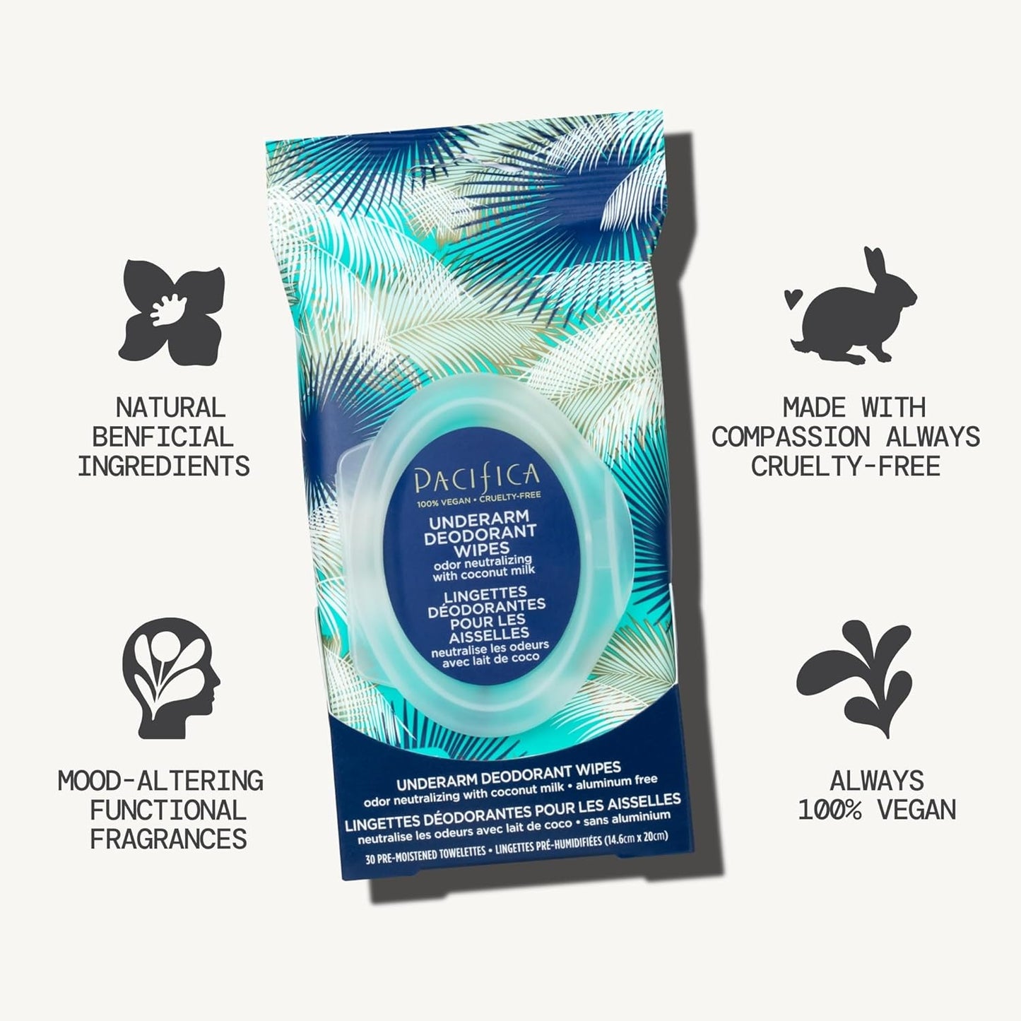 Pacifica Beauty Coconut Milk & Essential Oils Underarm Deodorant Wipes, Helps Remove Odor, Aluminum-Free, Vegan & Cruelty-Free, 30 Wipes (2-Pack)