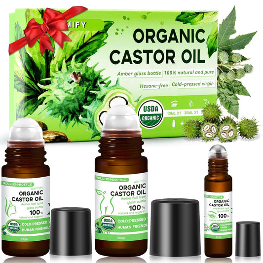 3-in-1 Castor Oil Roll on for Eye,Face,Body Skin,Certified Organic Cold Pressed Castor Oil Roller ball unrefined Glass Bottle,Precise & Mess-Free Application & Travel Friendly