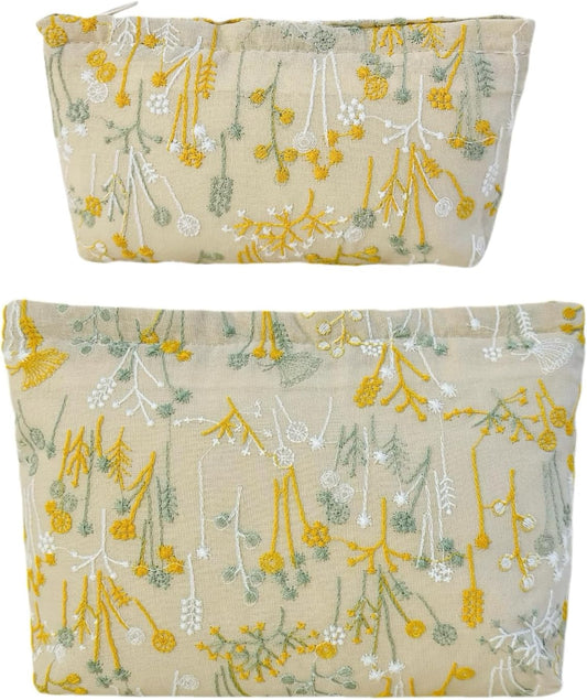 2 Pcs Makeup Bags, Large Cosmetic Bag Travel Toiletry Bag Organizer for Women, Embroidery Craft, Floral Makeup Bag Small Cosmetic Pouch Purse with Zipper Gifts for Girls Teen