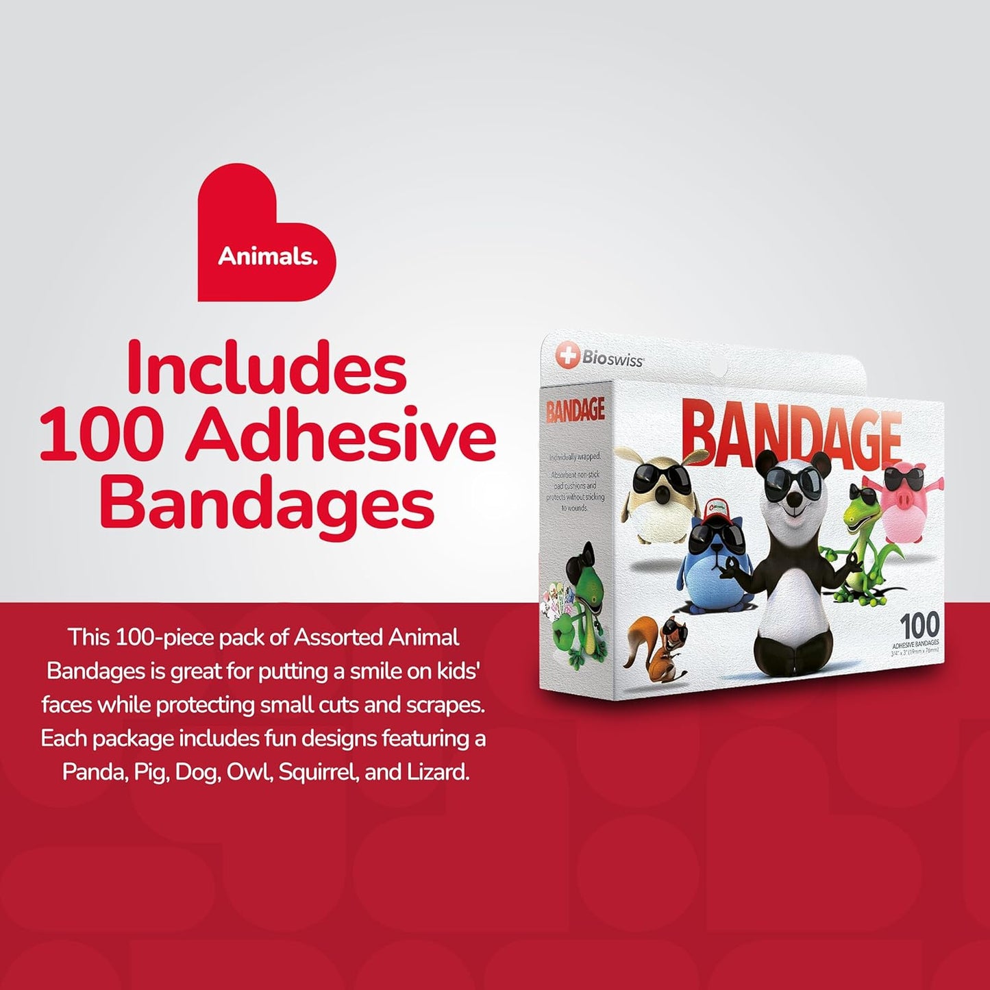 BioSwiss Kids Bandages, Assorted Animal Shaped Variety Self Adhesive Bandage, Latex Free, Sterile Wound Care, 100 Count