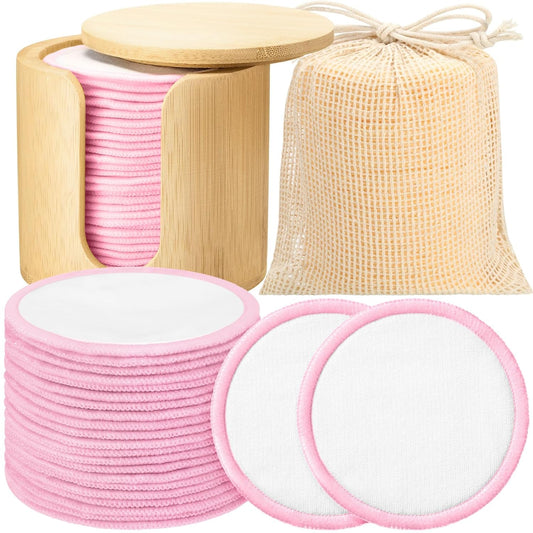 Foaincore 40 Pcs Reusable Makeup Remover Pads with Mesh Laundry Bag Washable Bamboo Cotton Rounds Soft Reusable Face Pad for Toner Skin Types with Bamboo Holder(White Pink)