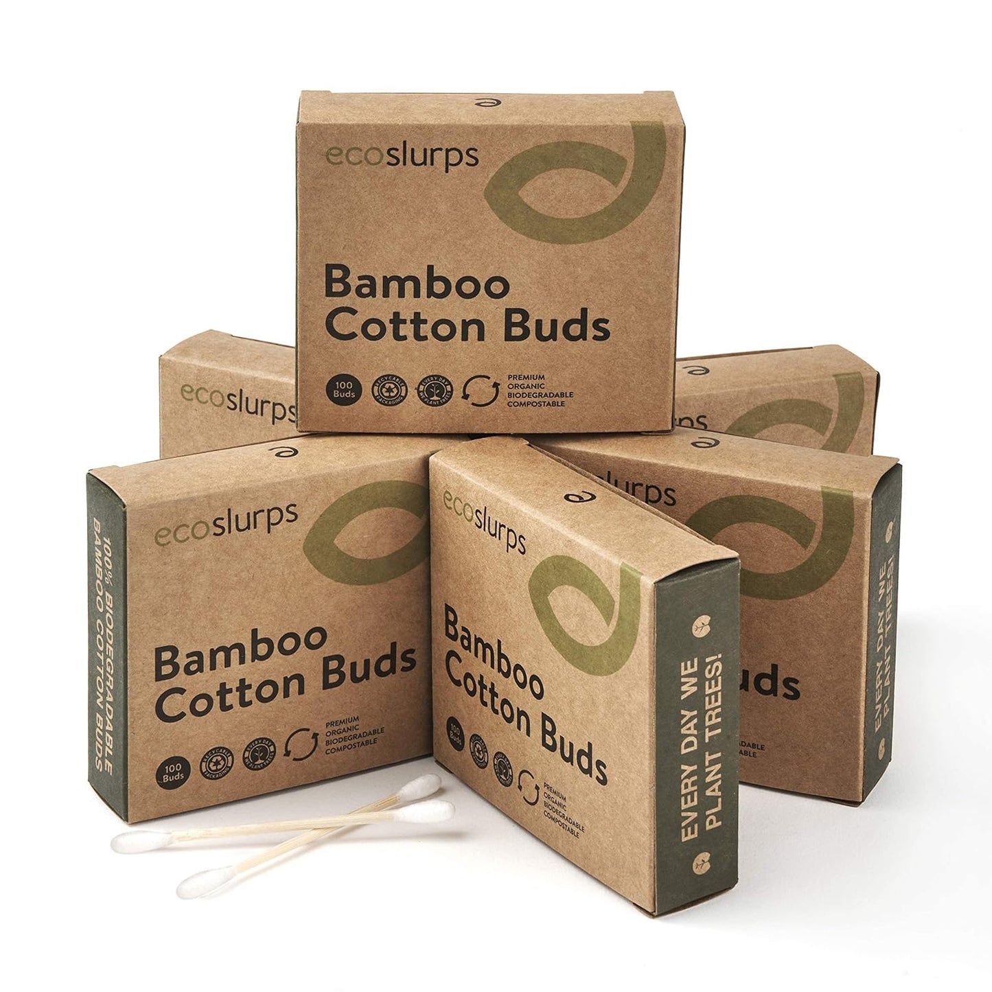 EcoSlurps 600 Bamboo Cotton Swabs - Large Family Box of Biodegradable Cotton Buds - Ecofriendly No Plastic In Each Cotton Bud Swab (6x100 Boxes)