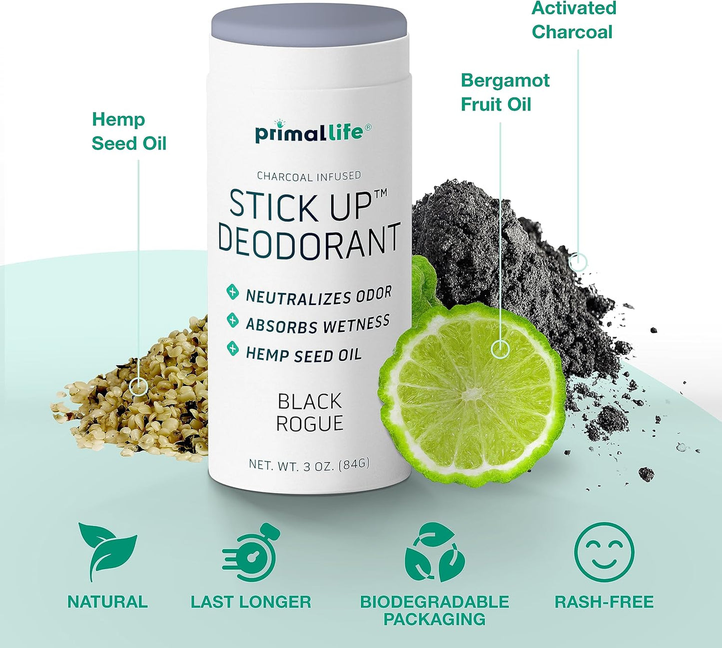 Stick Up Natural Deodorant for Women and Men with Bentonite Clay Powder, Arrowroot, Magnesium, Zinc, 3 oz. Vegan Deodorant for 3-4 months, Black Rogue - Primal Life Organics