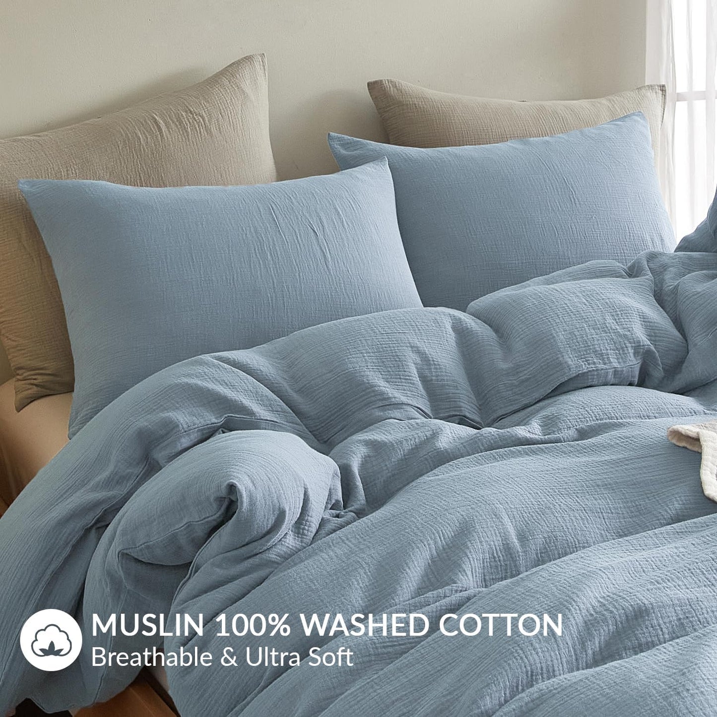 SE SOFTEXLY Muslin Pillowcases Queen Size 100% Cotton, 2 Pack Linen Like Pillow Shams with Envelope Closure, Ultral Soft and Breathable Pillow Case Covers, Blue, 20" X 30", No Filling