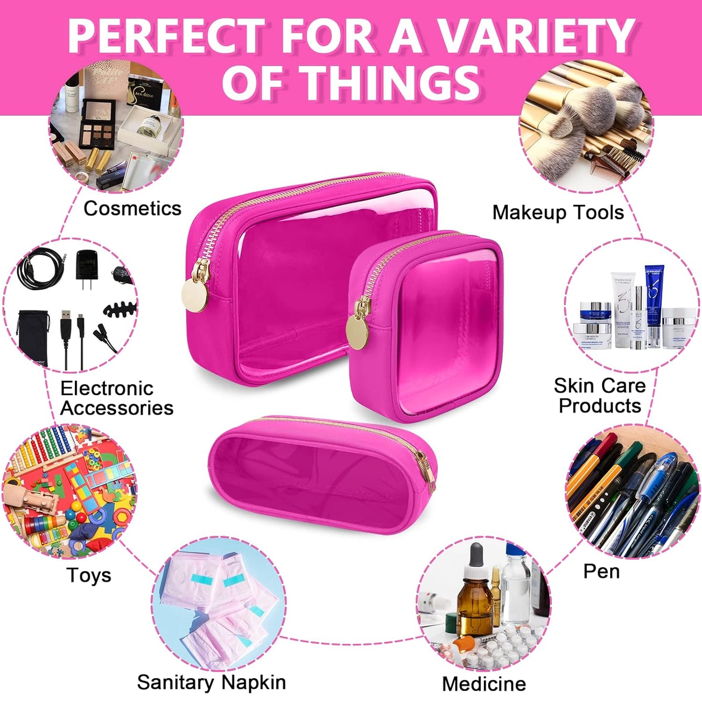 Clear Mini Makeup Bag, Small Nylon&PVC Cosmetic Travel Bag TSA Approved Toiletry Bag with Zipper, Preppy Transparent Coin Purse for Women Men Girls(Mini-Hot Pink)