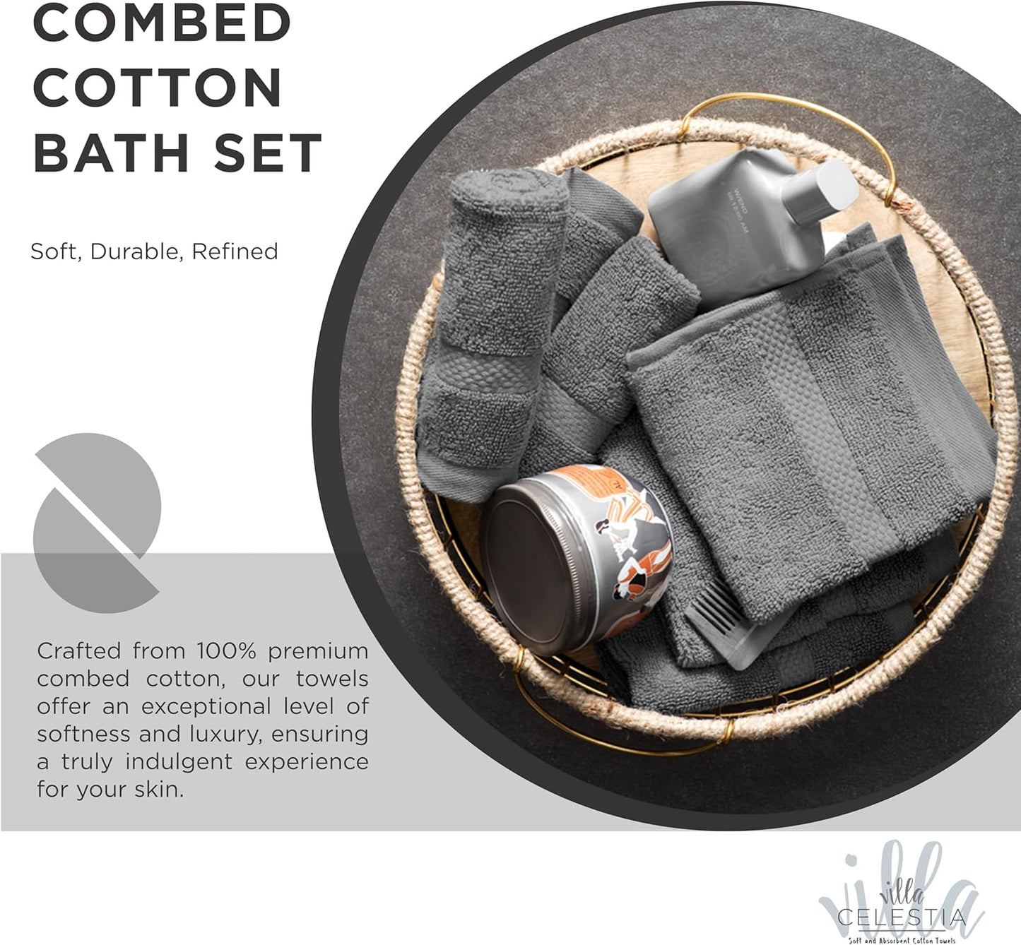 100% Cotton Bath Towel Set of 12-4 Bath Towels, 4 Hand Towels, 4 Wash Cloths, Sustainable, Soft, Highly Absorbent, Combed Cotton 12 Piece Set for Hotels, Spa, Bathroom, Dorm, Grey