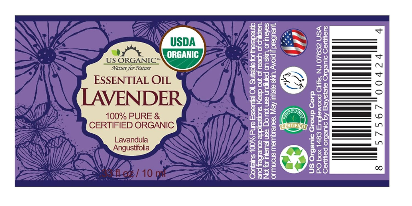 US Organic 100% Pure Lavender Essential Oil, Directly sourced from Bulgaria, USDA Certified Organic, Undiluted, for Diffuser, Humidifier, Massage, Skin, Hair Care, Non GMO, 10 ml 2 Pack